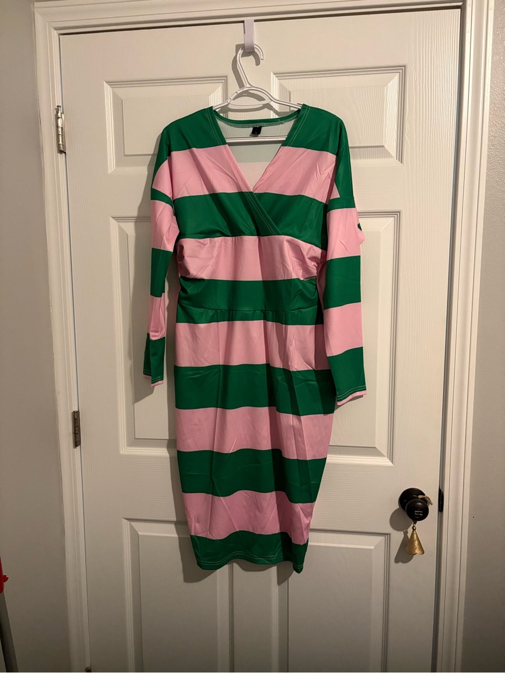 Striped Pink and Green Wrap Midi Dress - Women's